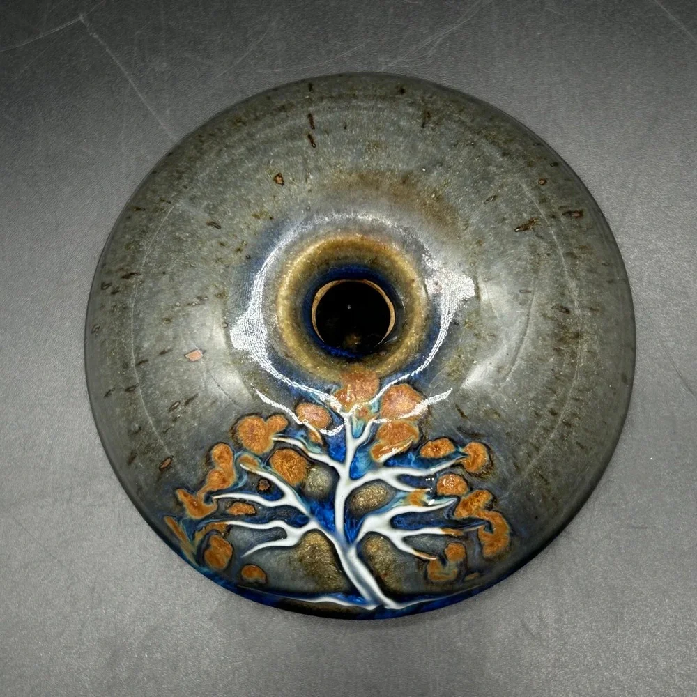 Takahashi Rakusai Oil Lamp Art Pottery Bonsai‎ Tree Green Blue